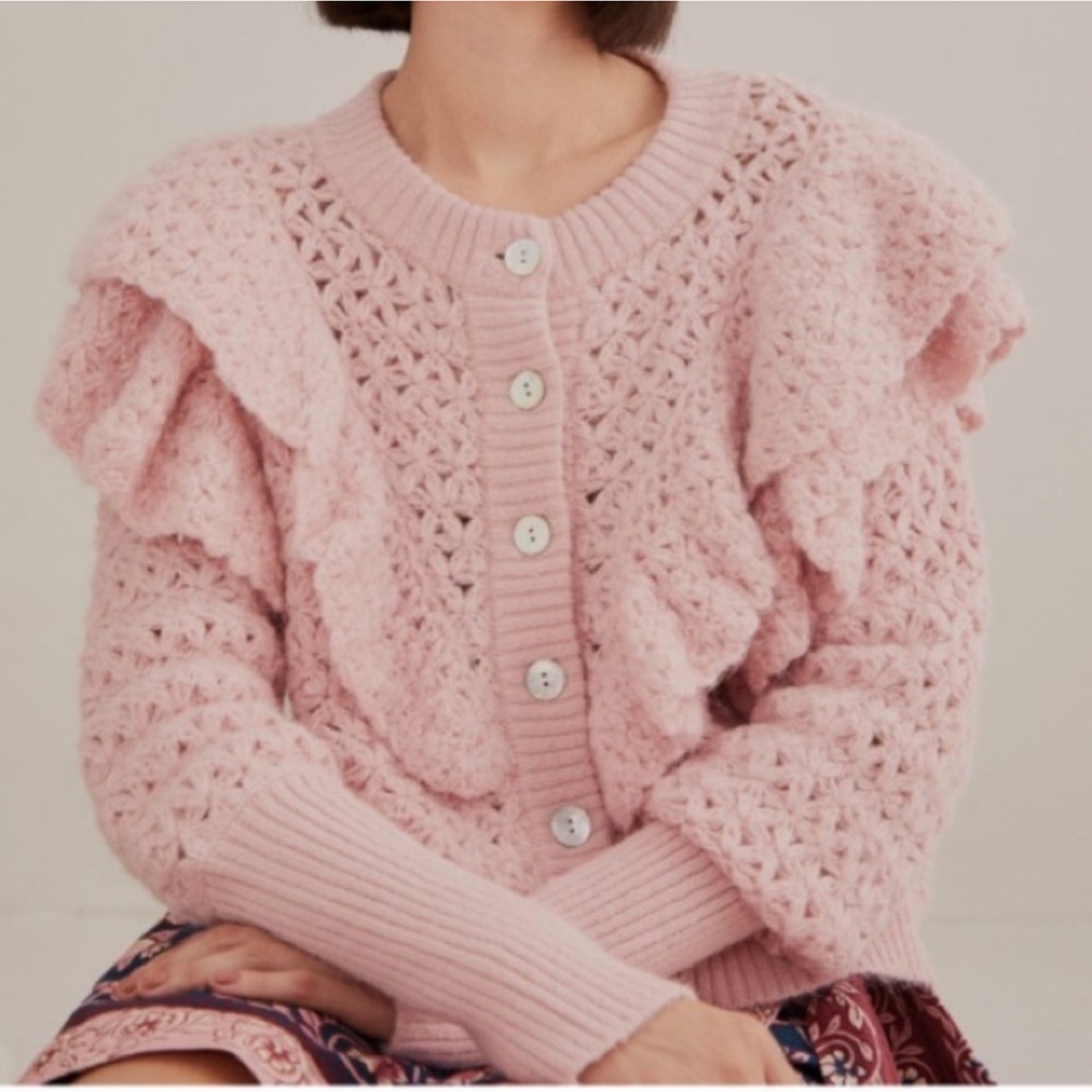 NWT FARM RIO Bohemian
Flower Texture ruffled openwork knit cardigan Sweater - Picture 3 of 12
